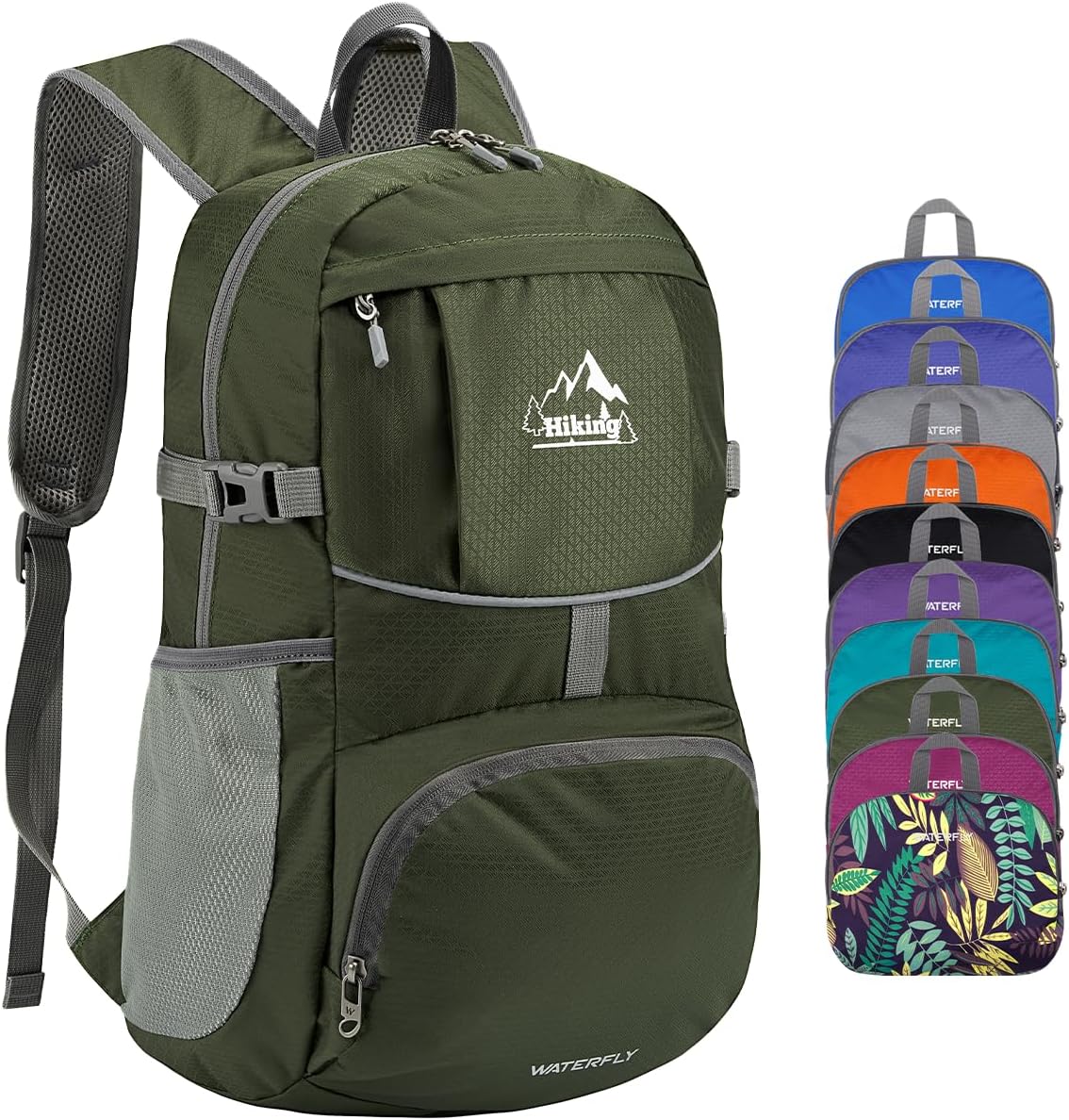 WATERFLY Hiking Foldable Daypack Backpack: 25L Ultra Lightweight Packable Waterproof Outdoor Travel Day Pack for Woman Man