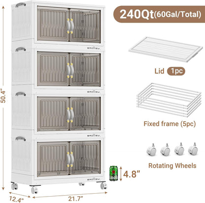 BROVIEW 240Qt Stackable Storage Bins with Lid, Extra Large Closet Organizer Collapsible Drawer Boxes with Wheels, Folding Plastic Cabinet Containers for Home Kitchen Room Organization, 4Pack White