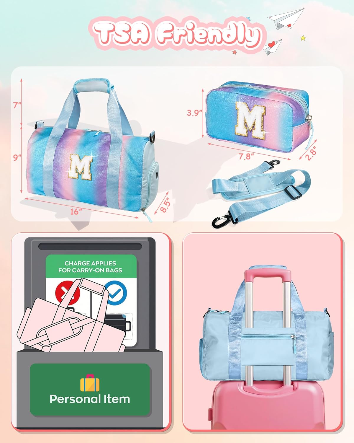 Girls Day Gifts-Girl Gym Bag with Shoe Compartment, Kid Personalized Weekender Overnight Bags, Initial Travel Tote with Makeup Pouch, Gift Ideas for Niece Sister (Letter O)