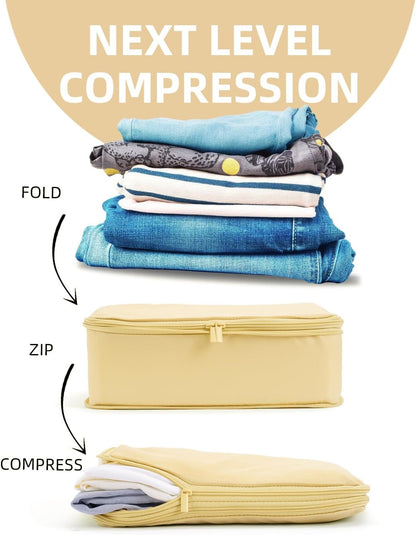 6 Set Compression Packing Cubes for Travel, Large Medium Small Luggage Organizers, Storage Bags for Clothes (6 Pack, Bright Yellow)