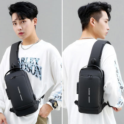 Sling Bag for Men Anti-theft USB Crossbody Shoulder Backpack Purse Waterproof PU Leather Chest Bag Travel Daily Use