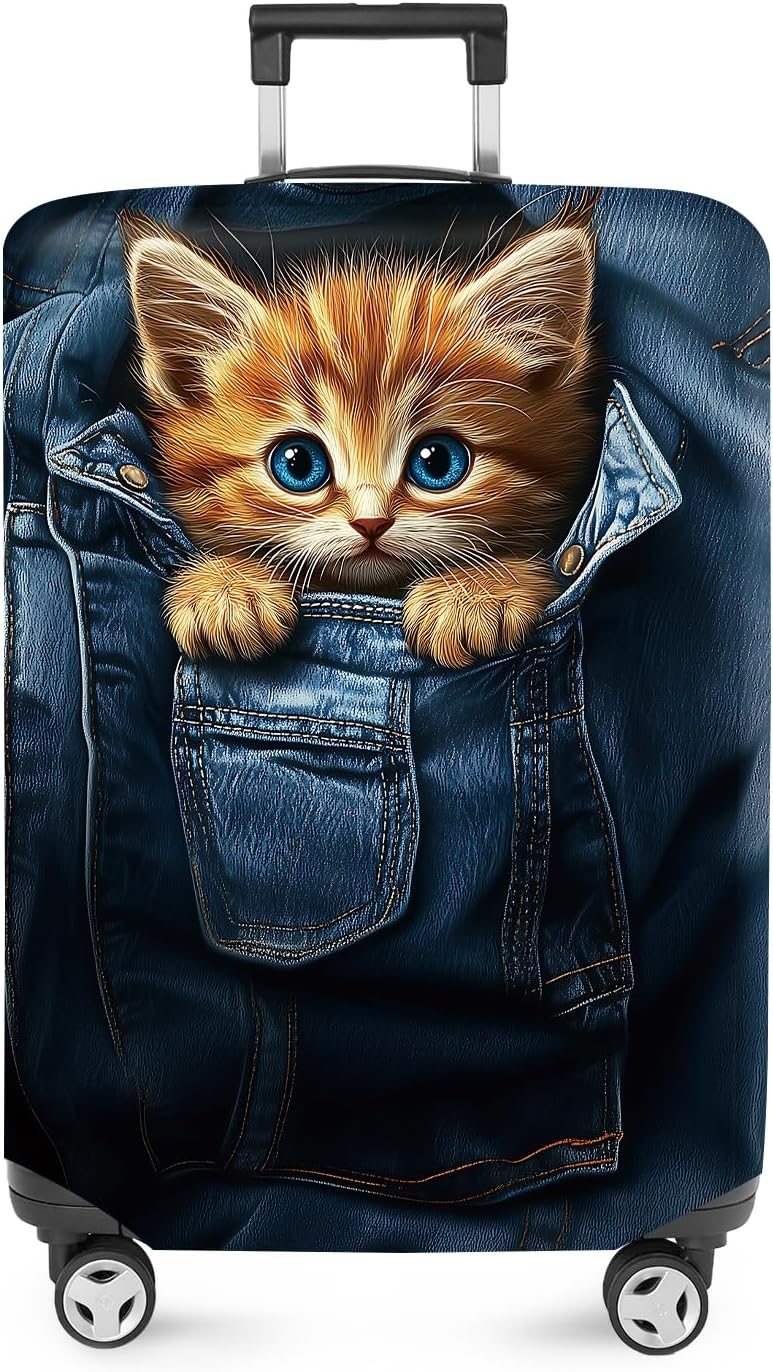 ANNA QUEEN Cute Kitten in Pocket Luggage Cover, Funny Cat Suitcase Protector with Denim Print, Stretchable & Washable Spandex Travel Cover for 32-34 Inch Luggage