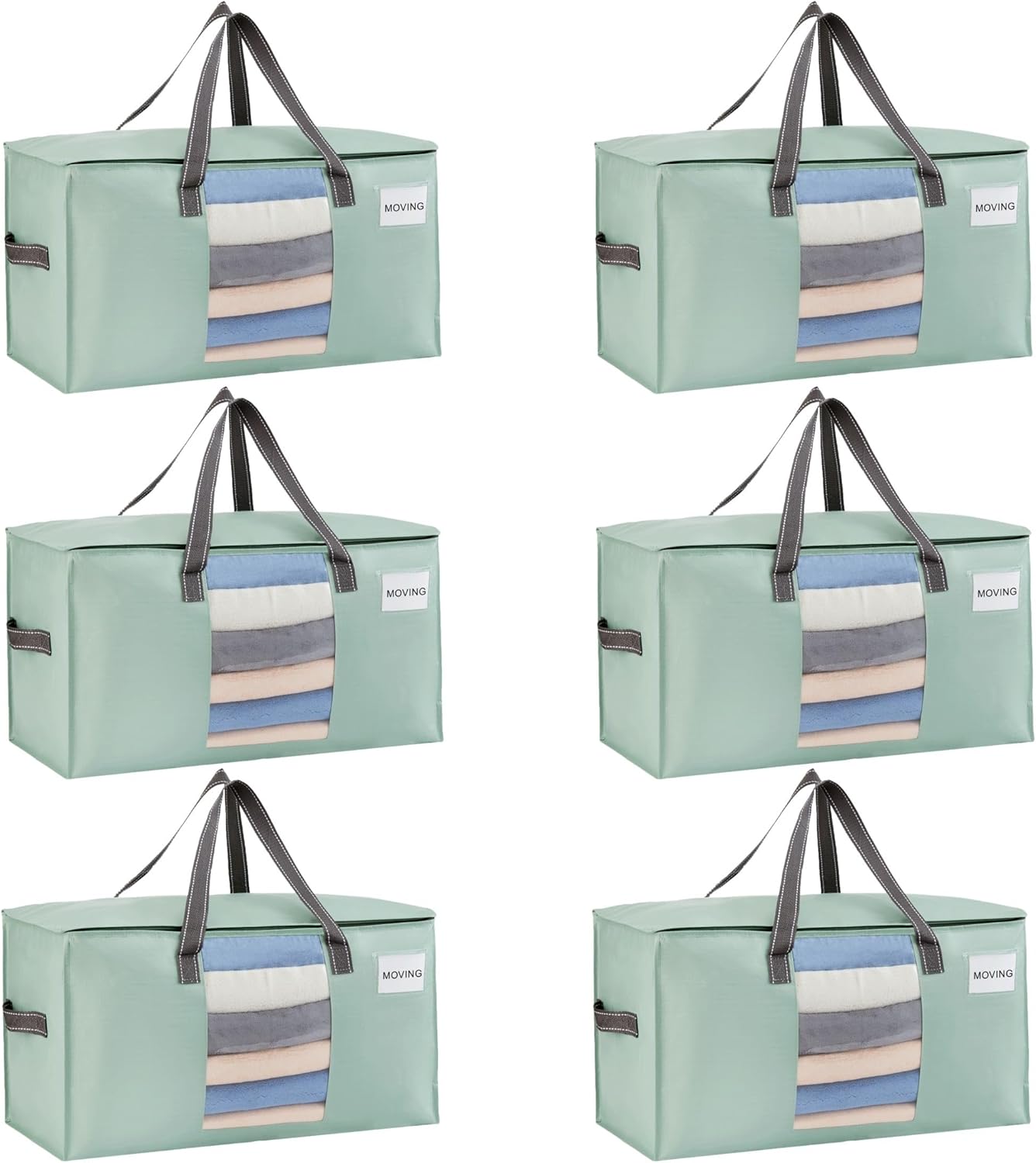 VENO 6 Pack Moving Bags, Comforter and Blanket Storage Bags for Closet, Moving Boxes, Boxes with Lids Alternative, College Dorm Packing Supplies, Foldable Heavy-Duty Tote (Light Green Matte, 6 Pack)
