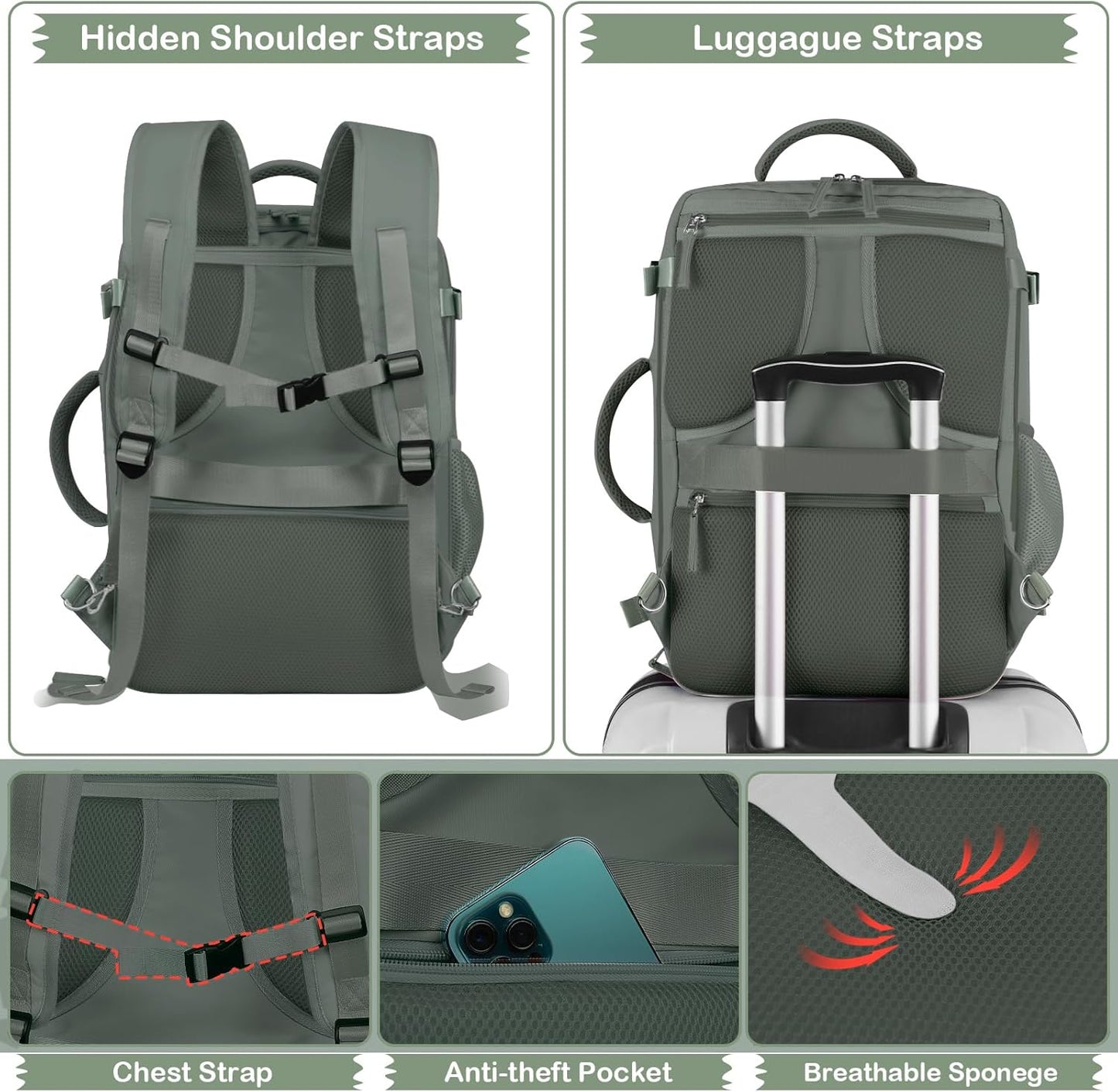 Hanples Women's Large 17.3 Inch Laptop Backpack, Olive Green, Waterproof, Suitable for Air Travel