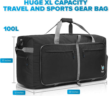Bago Large Foldable Duffel Bags for Traveling Women & Men - 100L Packable Duffle Bag for Travel with Shoe Compartment - Water Repellant, Heavy Duty, Lightweight Folding & Collapsible (Black)
