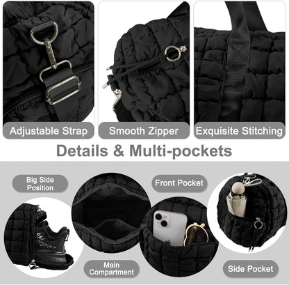 Quilted Travel Duffle Bag Gym Bag for Women,Large Puffer Duffle Weekender Bag with Compartment,Workout Overnight Carry on Organizer Bag Duffle Bag for Airplane Travel(L-Black)