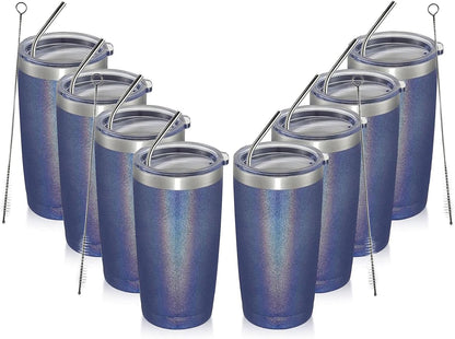 MEWAY 20oz Tumbler 8 Pack Double Wall Vacuum Insulated Travel Glitter Mug Bulk, Stainless Steel Tumblers with Lid and Straw, Powder Coated Coffee Cups for Woman(Rainbow Navy,Set of 8)