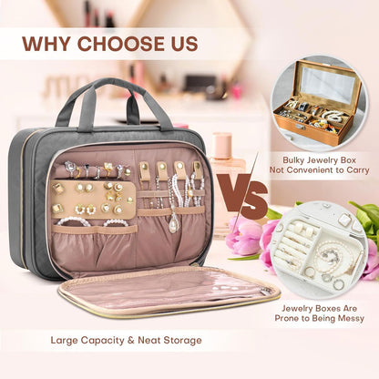 Toiletry Bag for Women with Jewelry Organizer Compartment, Jewelry Boxes for Gifts, Travel Makeup Cosmetic Bag with Hanging Hook for Full-sized Toiletries, Shampoo - Grey, Gifts for Women