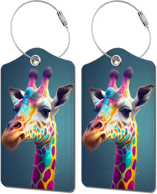 2 Pack Luggage Tag for Suitcase, Cute Unique Leather Bag Tags Identifiers Privacy Cover ID Label with Durable Steel Loop for Women Men Kids Girls Travel，GiraffeA