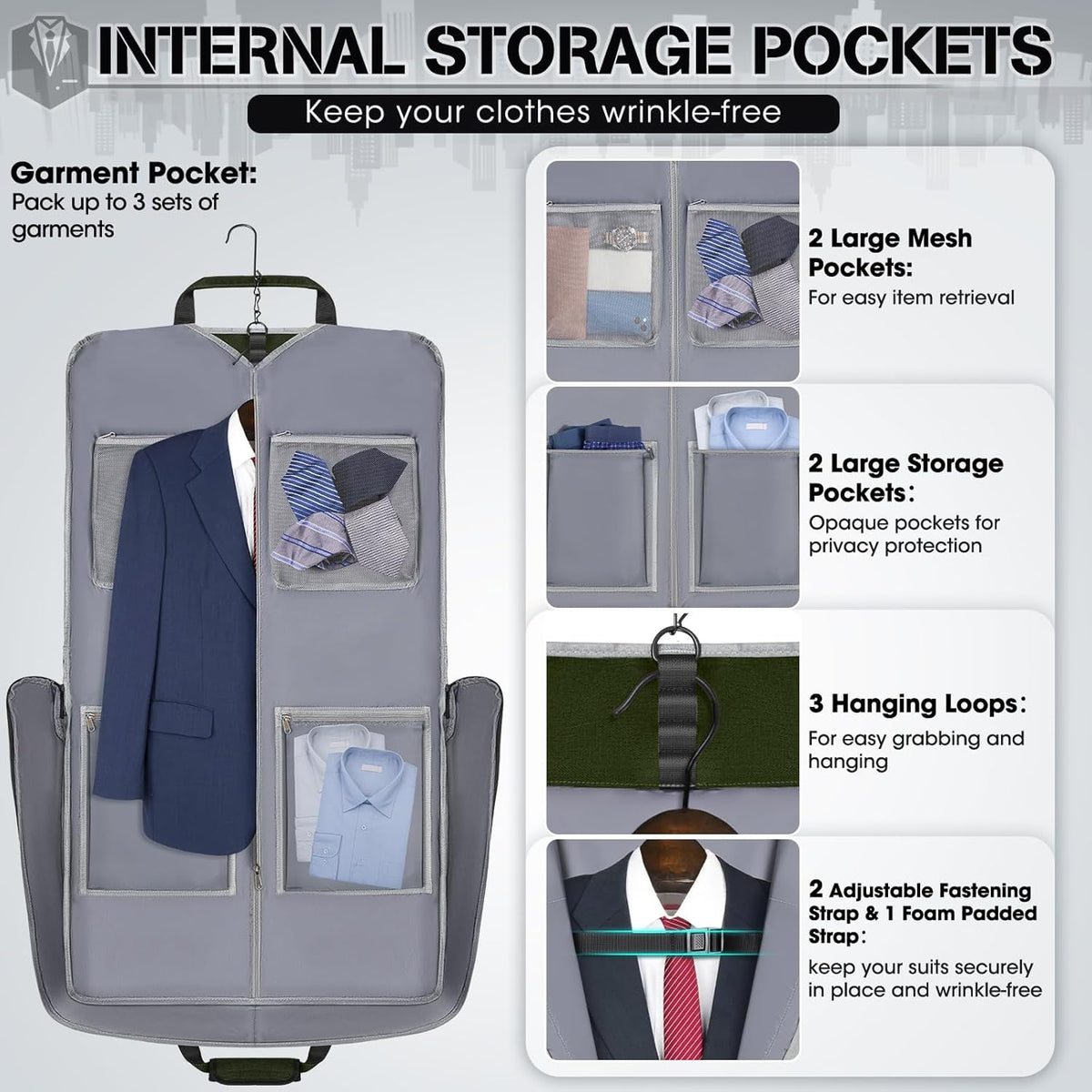 RAINSMORE Garment Bags for Travel Carry On Garment Bag for Hanging Clothes, Suit Bag for Business Trips with Shoes bag & Shoulder Strap, Waterproof Foldable Suit Luggage Bag for Men Women, Green