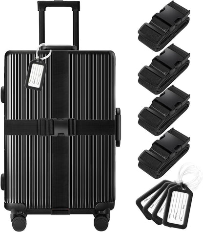 8 Pack Luggage Straps and Tags Set (4 Straps, 4 Tags), Luggage Straps for Suitcases TSA Approved Suitcase Belt Luggage Tags, Black