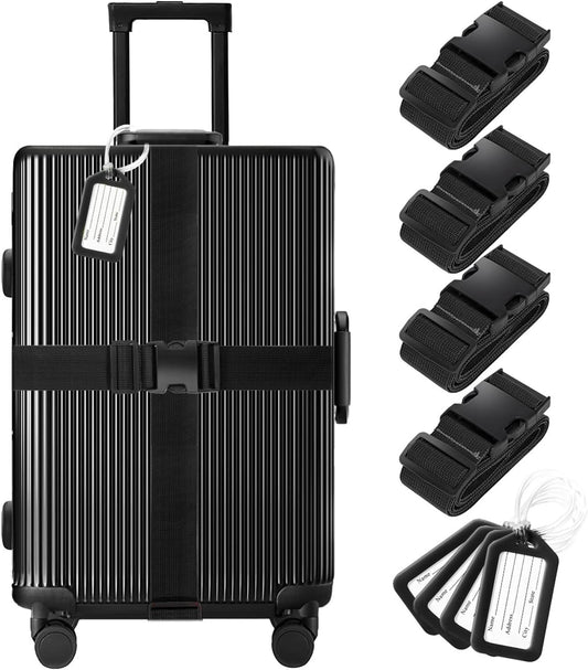 8 Pack Luggage Straps and Tags Set (4 Straps, 4 Tags), Luggage Straps for Suitcases TSA Approved Suitcase Belt Luggage Tags, Black