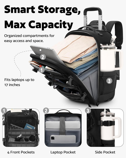 Rolling Tactical Laptop Backpack, Underseat Travel Backpack with Wheels, 17 Inch Wheeled Military Computer Backpack for Men and Women, Roller Overnight Molle Outdoor Hiking College Carry on Luggage