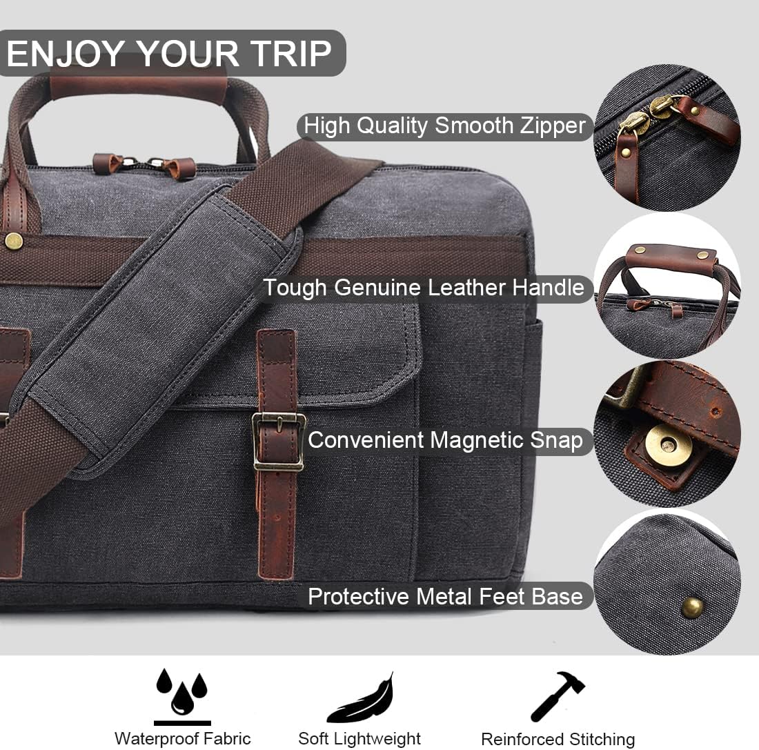 Duffle Bag for Men Waterproof Genuine Leather Canvas Travel Duffel Bags for Women Overnight Weekender Bag for Traveling