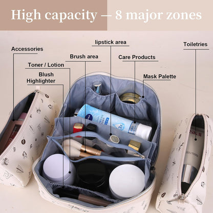 BOYATU Travel Makeup Bag Cosmetic Bags for Women: 3 Pcs Set Portable Make up Bag with Handle - Vegan Leather Toiletry Bags with Compartments - Makeup Organizer for Travel Essentials(04-white)