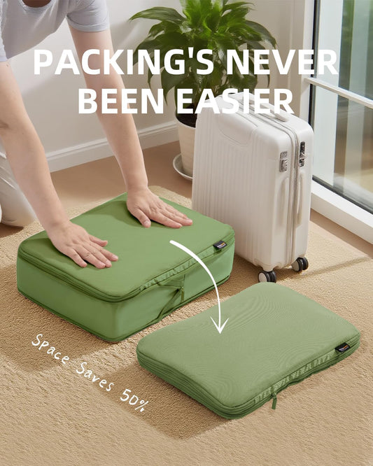 6 Set Compression Packing Cubes for Travel, Large Medium Small Luggage Organizers, Storage Bags for Clothes (6 Pack, Forest Green)