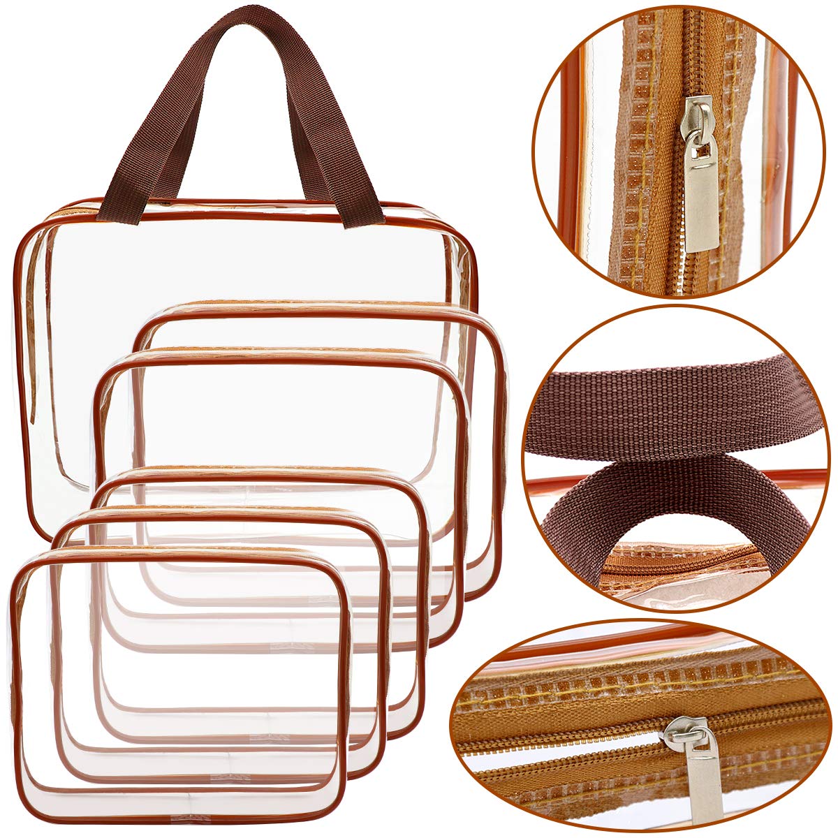 APREUTY Clear Makeup Bags, TSA Approved 6Pcs Cosmetic Makeup Bags Set Clear PVC w/Zipper Handle Portable Travel Luggage Pouch Airport Airline Bags Bathroom (Coffee)