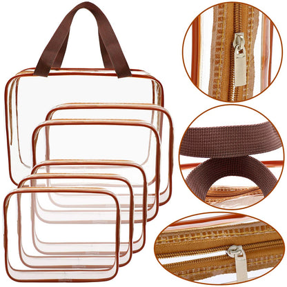 APREUTY Clear Makeup Bags, TSA Approved 6Pcs Cosmetic Makeup Bags Set Clear PVC w/Zipper Handle Portable Travel Luggage Pouch Airport Airline Bags Bathroom (Coffee)