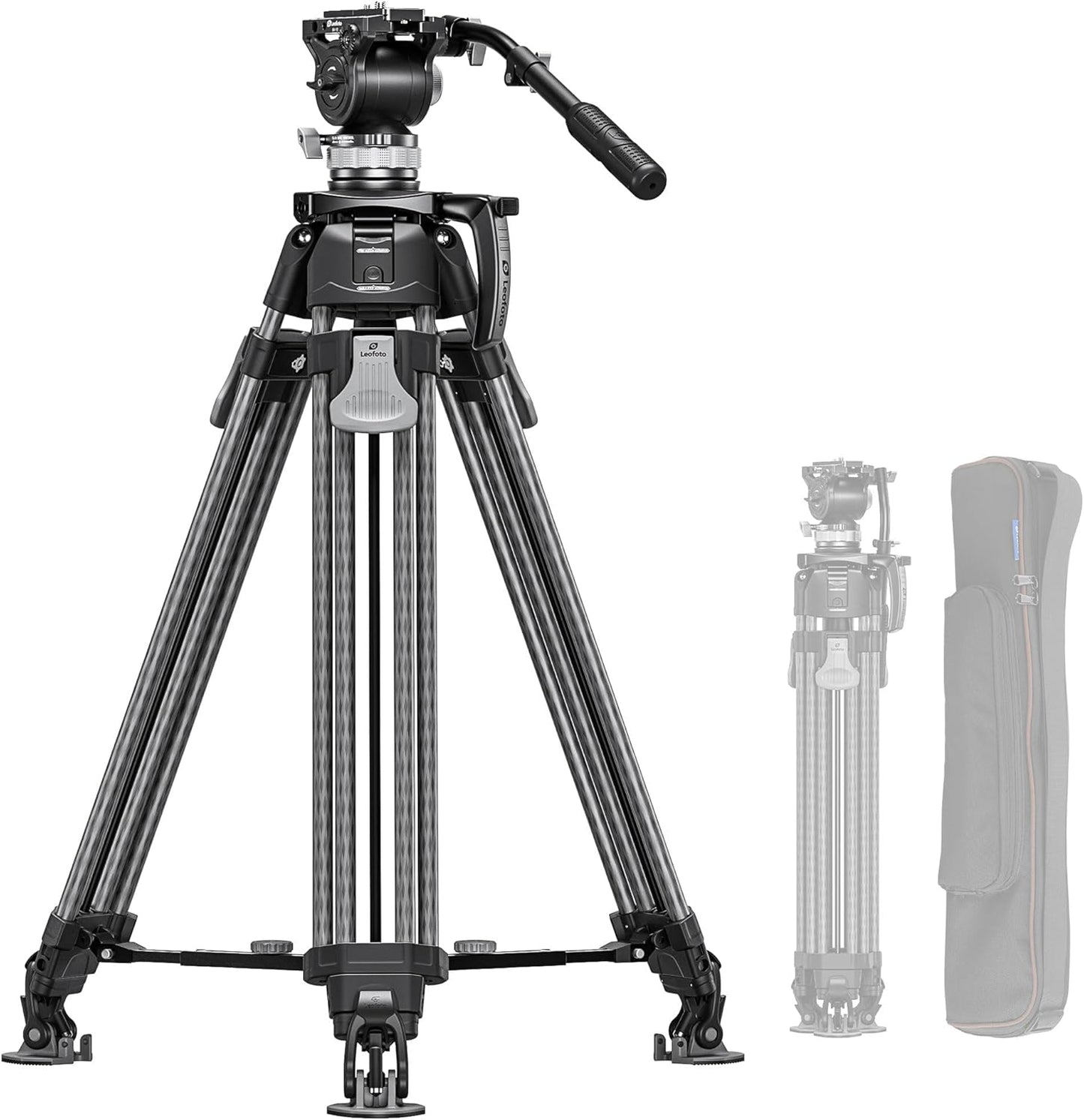 Heavy Duty Carbon Fiber Tripod with Fluid Head, One-Step Unlock System, with Removable Handle and Center Spreader, MaxLoad 8 KG/17.64 LB, Balanced Load 3 KG/6.61 LB (LVF-163C+BV-15)