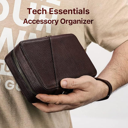 Top Grain Leather Text Custom Electronic Organizer Zipper Bag Tech Pouch - Image 6