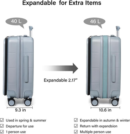 Hanke Hardside Expandable Carry On Luggage, 20 Inch Top Opening Trunk Luggages with Spinner Wheels, All-PC Hard Shell Carry-On Suitcase, Lightweight & TSA Airline Approved (Grey, 46L)