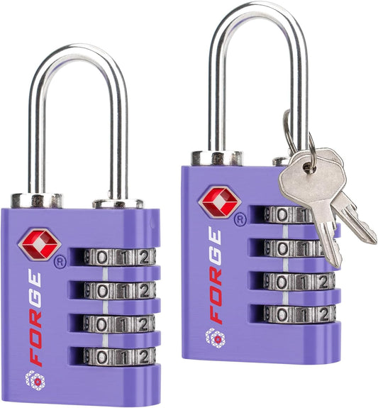 Forge Dual-Opening: Key or Combination Access Lock, TSA Approved Locks for Luggage, Pelican case, Travel, Gym, School, Stainless Steel Shackle. (Purple, 2 Pk)