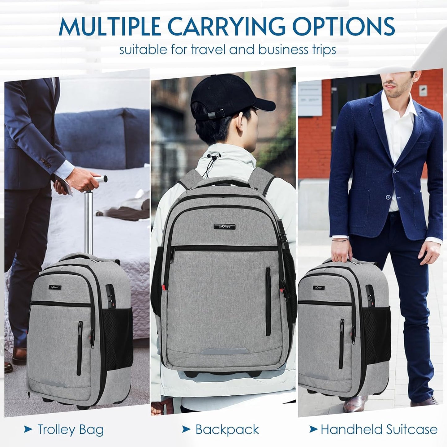 lychee Concealable Rolling Backpack-Adult Business Laptop Backpack with Wheels-20 inch Invisible Shoulder Strap Waterproof Backpack with Roller-Suitcase Travel Bag,Grey
