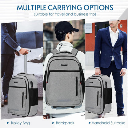 lychee Concealable Rolling Backpack-Adult Business Laptop Backpack with Wheels-20 inch Invisible Shoulder Strap Waterproof Backpack with Roller-Suitcase Travel Bag,Grey