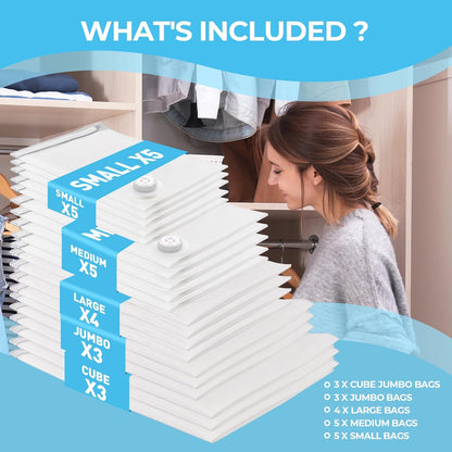 20 Pack Vacuum Storage Bags with Electric Air Pump, Vacuum Sealed Storage Bags (3Cube/3Jumbo/4Large/5Medium/5Small), Space Saver Bag for Clothes, Blanket, Duvets, Pillows, Mattress,Comforters, Travel