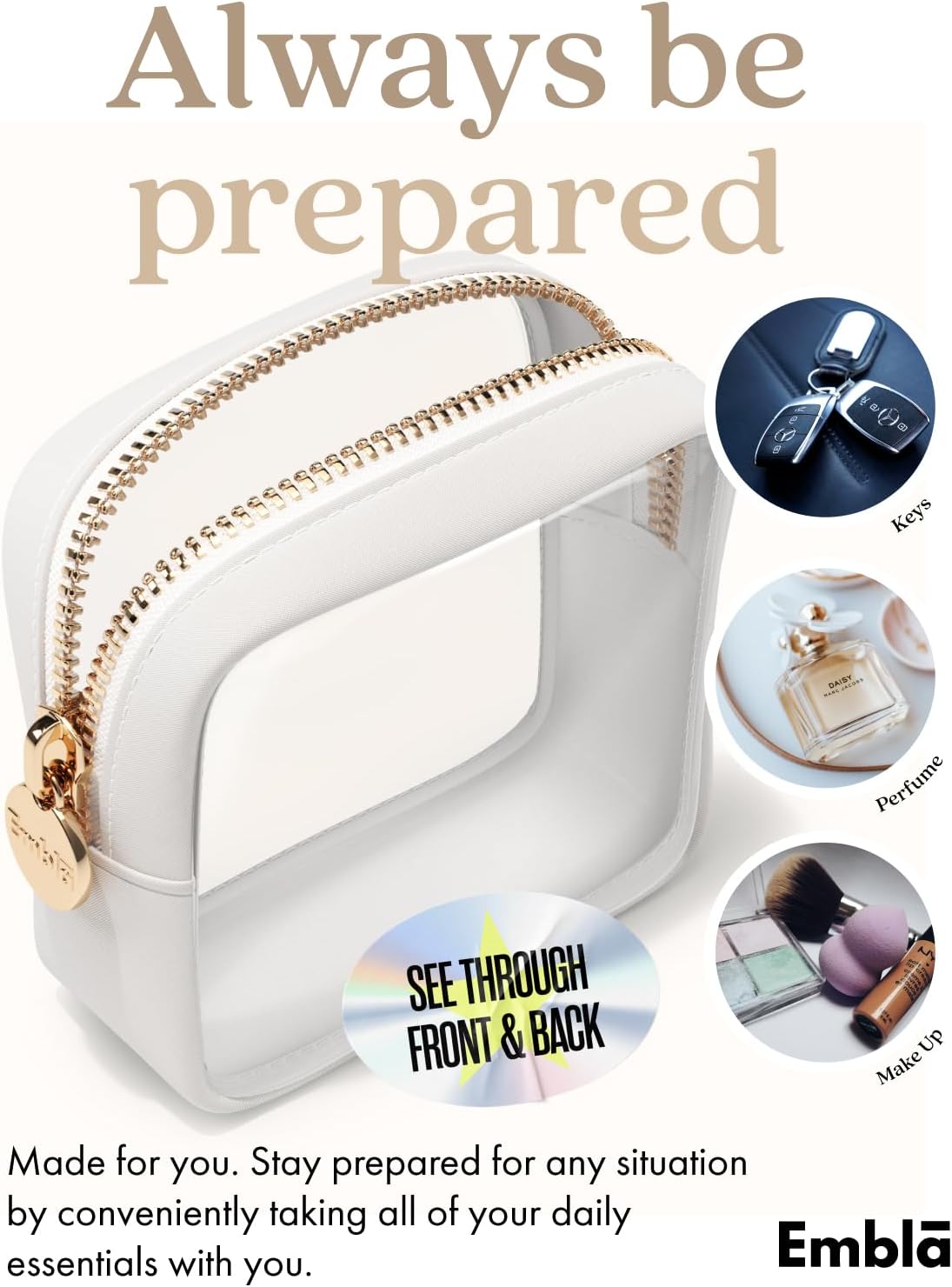 Clear Makeup Bag Zipper Pouch, Transparent Cosmetic Case Organizer, TSA Approved Travel Toiletry Case, Travel Accessories Essentials Makeup Tote for Women, Mini Cute Make up Bag for Purse - White