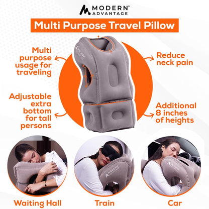 Modern Advantage Inflatable Travel Pillow for Airplanes with Adjustable Extra Bottom, Support Head & Chin to Avoid Neck & Shoulder Pain, for Travelling, Office Napping with Eye Mask & Earplug (Grey)