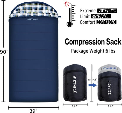 0 Degree Sleeping Bag 100% Cotton Flannel XXL for Adults Big and Tall Cold Weather Winter Zero Degree Camping,Free Compression Sack