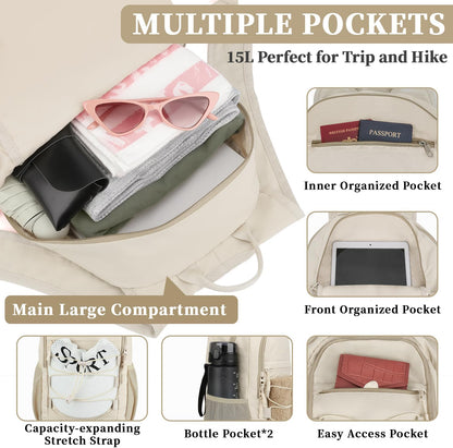 ZOMFELT Hiking Backpack for Women Men, 15L Lightweight Packable Backpack for Trip, Water Resistant Small Travel Backpacks, Foldable daypack for Hiking, Walking, Cycling, Camping, Beige