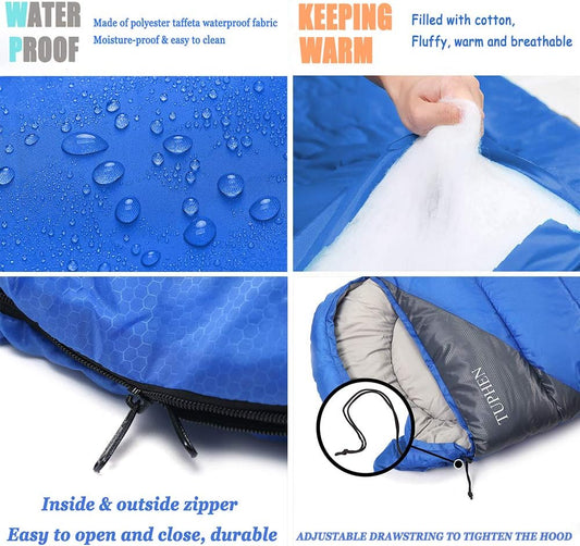 tuphen- Sleeping Bags for Adults Kids Boys Girls Backpacking Hiking Camping Microfiber Liner, Cold Warm Weather 4 Seasons Indoor Outdoor Use, Lightweight & Waterproof