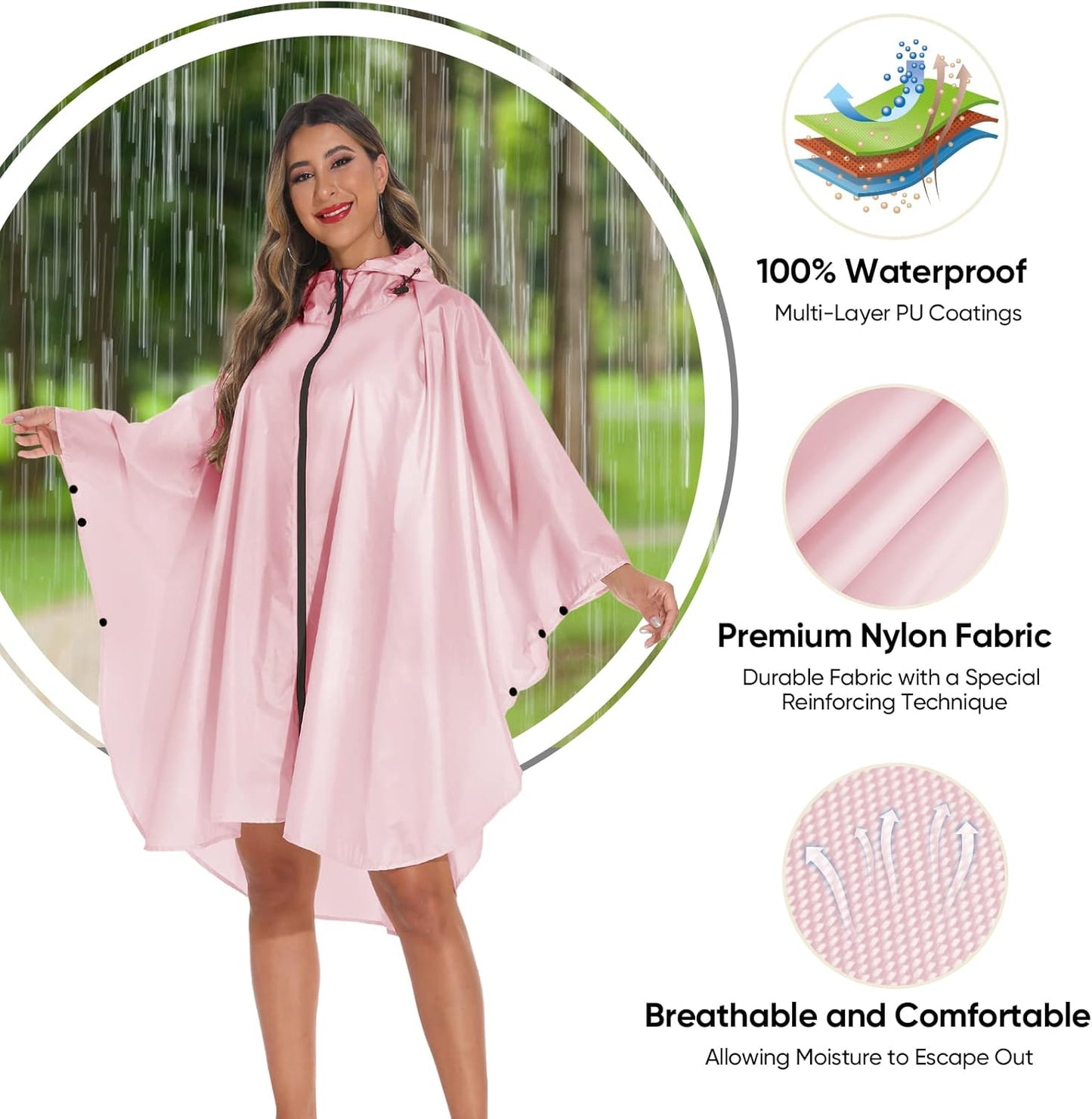 PTEROMY Hooded Rain Poncho for Adult with Pocket and Zipper, Waterproof Lightweight Raincoat for Men and Women