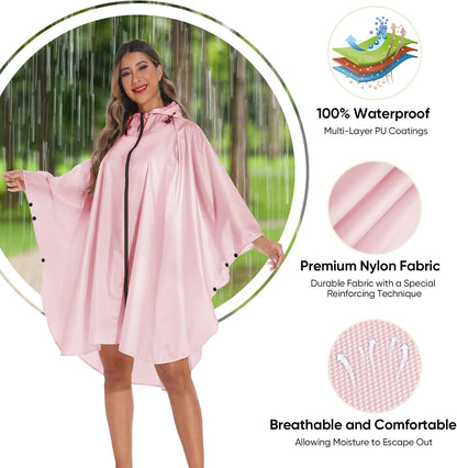 PTEROMY Hooded Rain Poncho for Adult with Pocket and Zipper, Waterproof Lightweight Raincoat for Men and Women