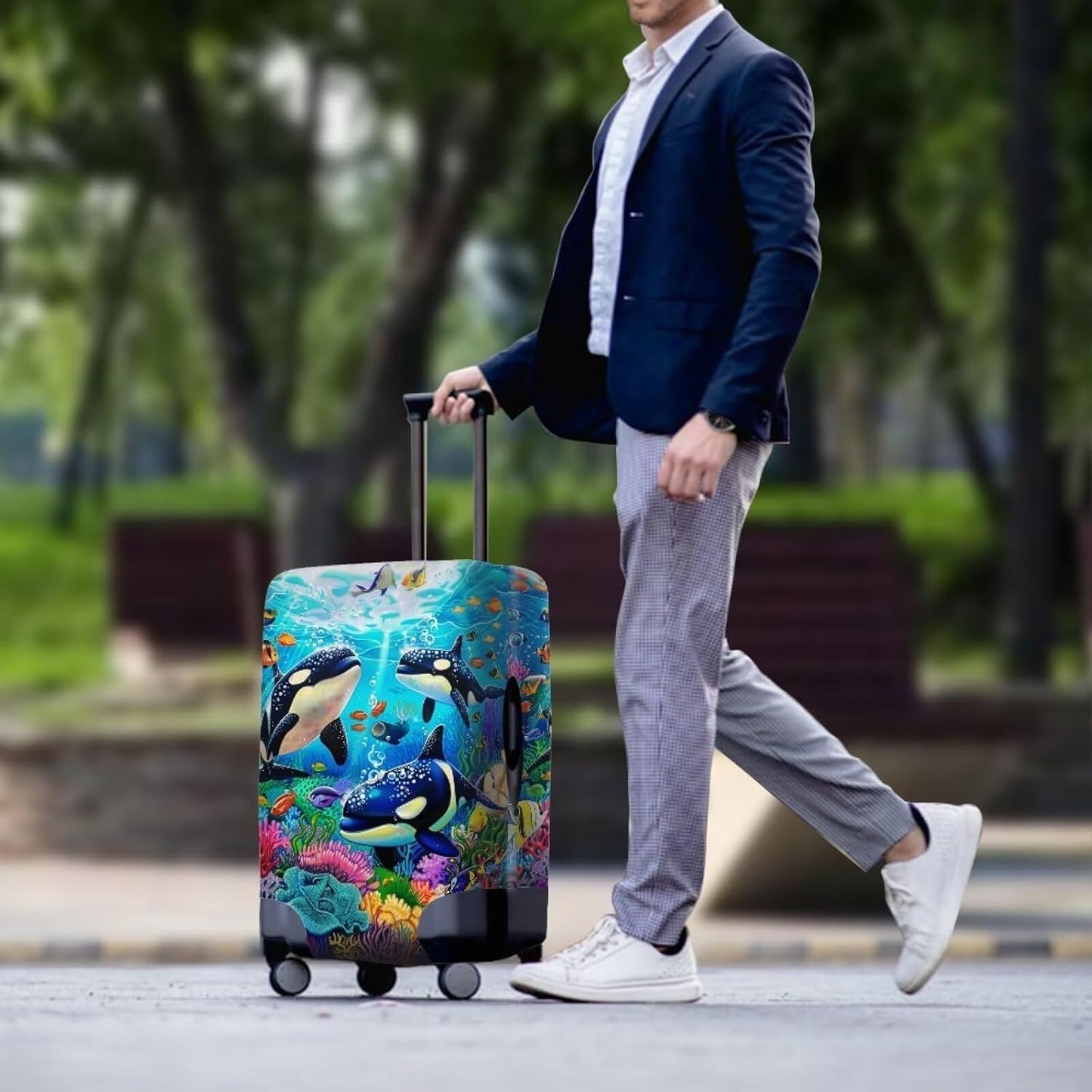 Killer Whale Luggage Cover Elastic Universal Luggage Covers for Suitcase Fit 22-25 Inch Zip Closure Suitcase Cover Protector for Travel Business Anti-Scratch Baggage Covers Case