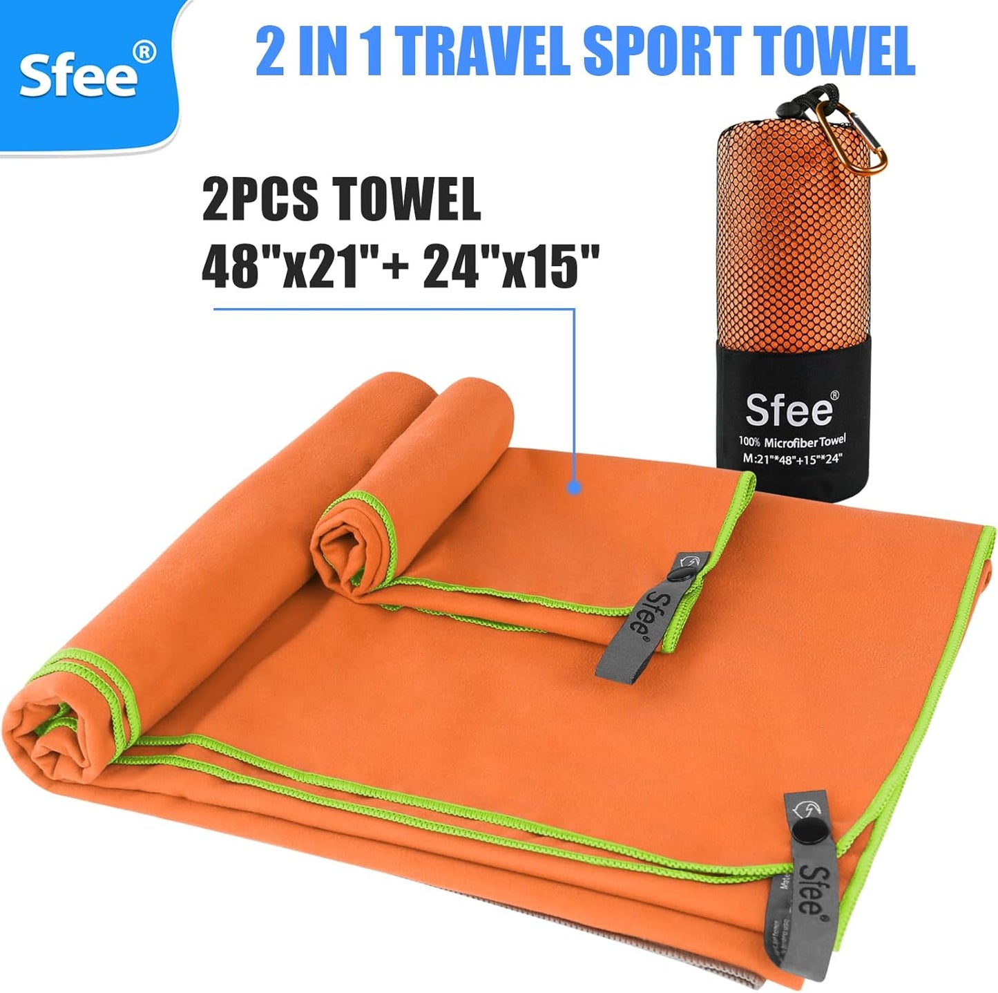 Sfee 2 Pack Microfiber Travel Towel, Quick Dry Towel Camping Towel Super Absorbent Compact Lightweight Sports Swim Gym Towel Beach Towels Set for Gym, Hiking, Pool, Backpacking, Bath, Yoga