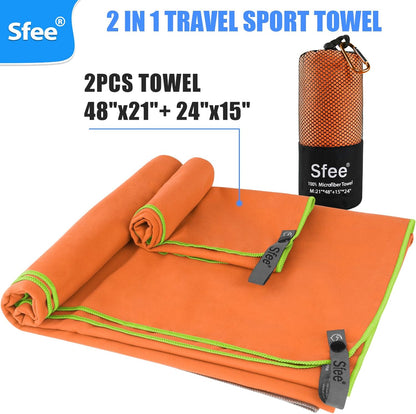 Sfee 2 Pack Microfiber Travel Towel, Quick Dry Towel Camping Towel Super Absorbent Compact Lightweight Sports Swim Gym Towel Beach Towels Set for Gym, Hiking, Pool, Backpacking, Bath, Yoga