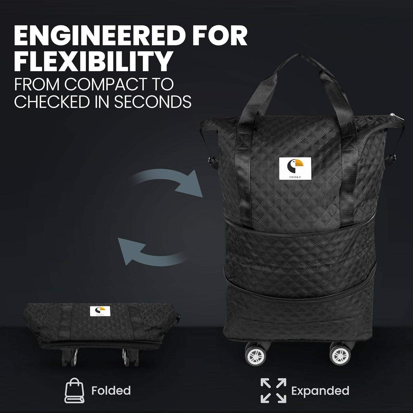 ISOKE Foldable Travel Duffel Bag - TSA Approved - With Wheels & Shoe Compartment - Weekender Bags for Women - Carry On Overnight Bag - Black - 16"×10"×24"