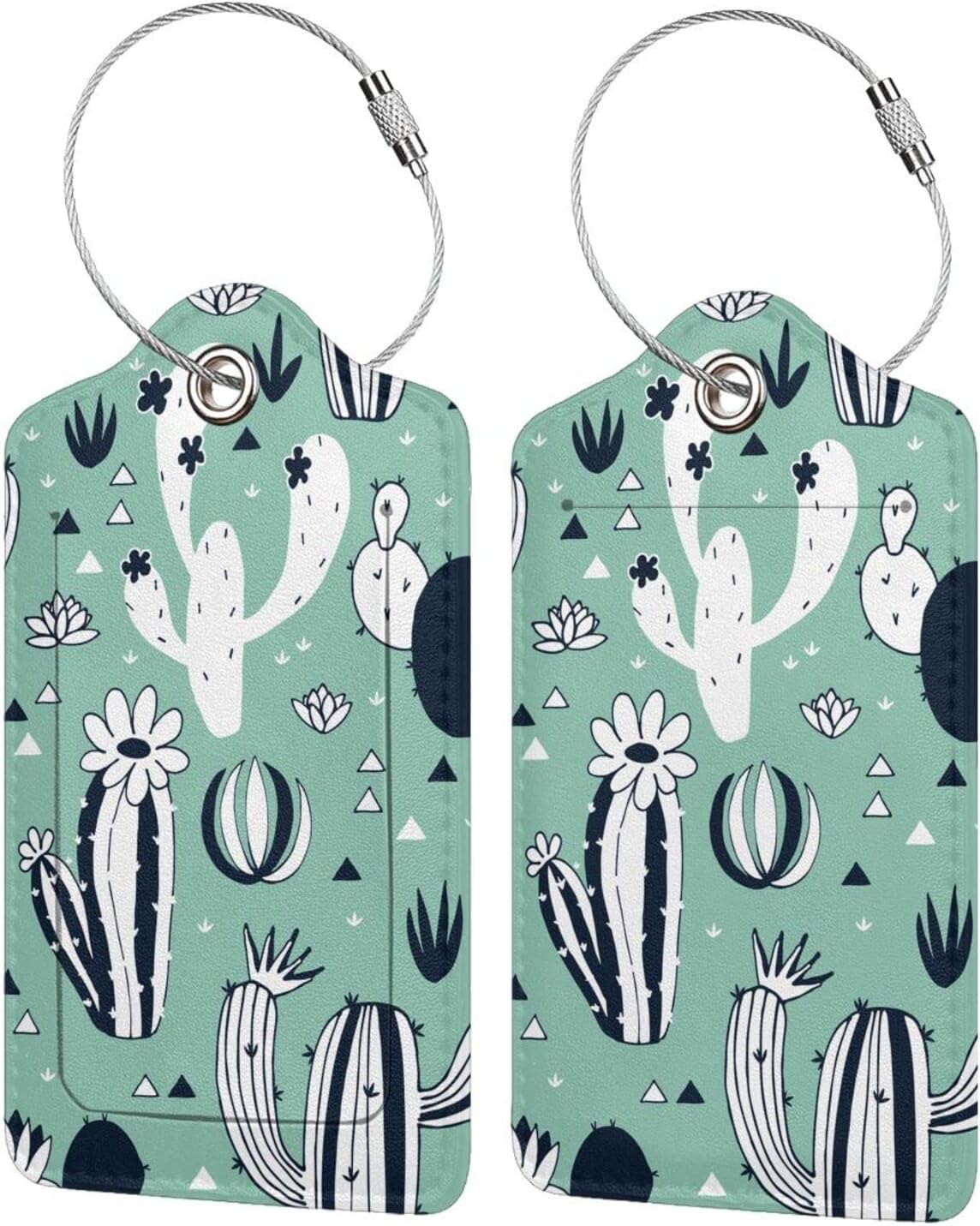 2 Pack Cute Cactus Green Suitcase Tags Identifiers Unique Leather Luggage Tags with Stainless Steel Loop Privacy Cover ID Label for Women Men Girls Boys Travel