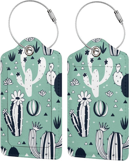 2 Pack Cute Cactus Green Suitcase Tags Identifiers Unique Leather Luggage Tags with Stainless Steel Loop Privacy Cover ID Label for Women Men Girls Boys Travel