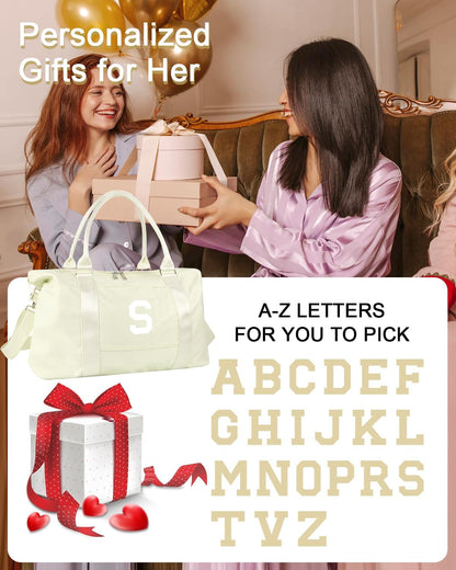 Initial Travel Duffel Bag Sports Gym Bag for Kids Teen Birthday Gifts,Beige Personalized Weekender Bag Carry On Dance Bags for Women Men,Waterproof Monogram Overnight Bag with Trolley Sleeve(Letter S)