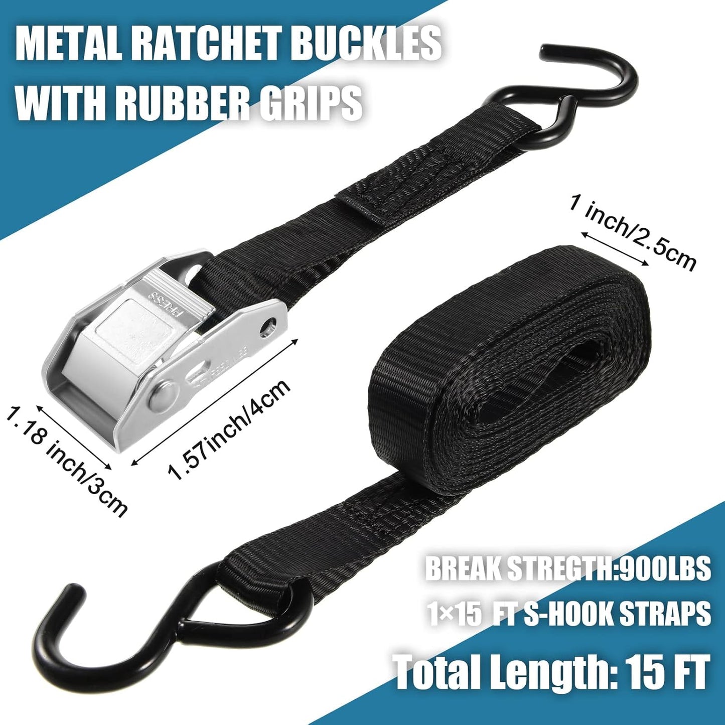 16 Pcs Cambuckle Tie Down Straps 1763lbs Break Strength Securing Straps 1'' x 15 ft Cambuckle Tie Downs with S Hook for Motorcycle, Kayak, Car, Truck, Boat Moving, Securing Cargo(Black)