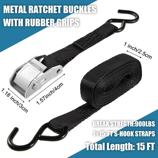 16 Pcs Cambuckle Tie Down Straps 1763lbs Break Strength Securing Straps 1'' x 15 ft Cambuckle Tie Downs with S Hook for Motorcycle, Kayak, Car, Truck, Boat Moving, Securing Cargo(Black)