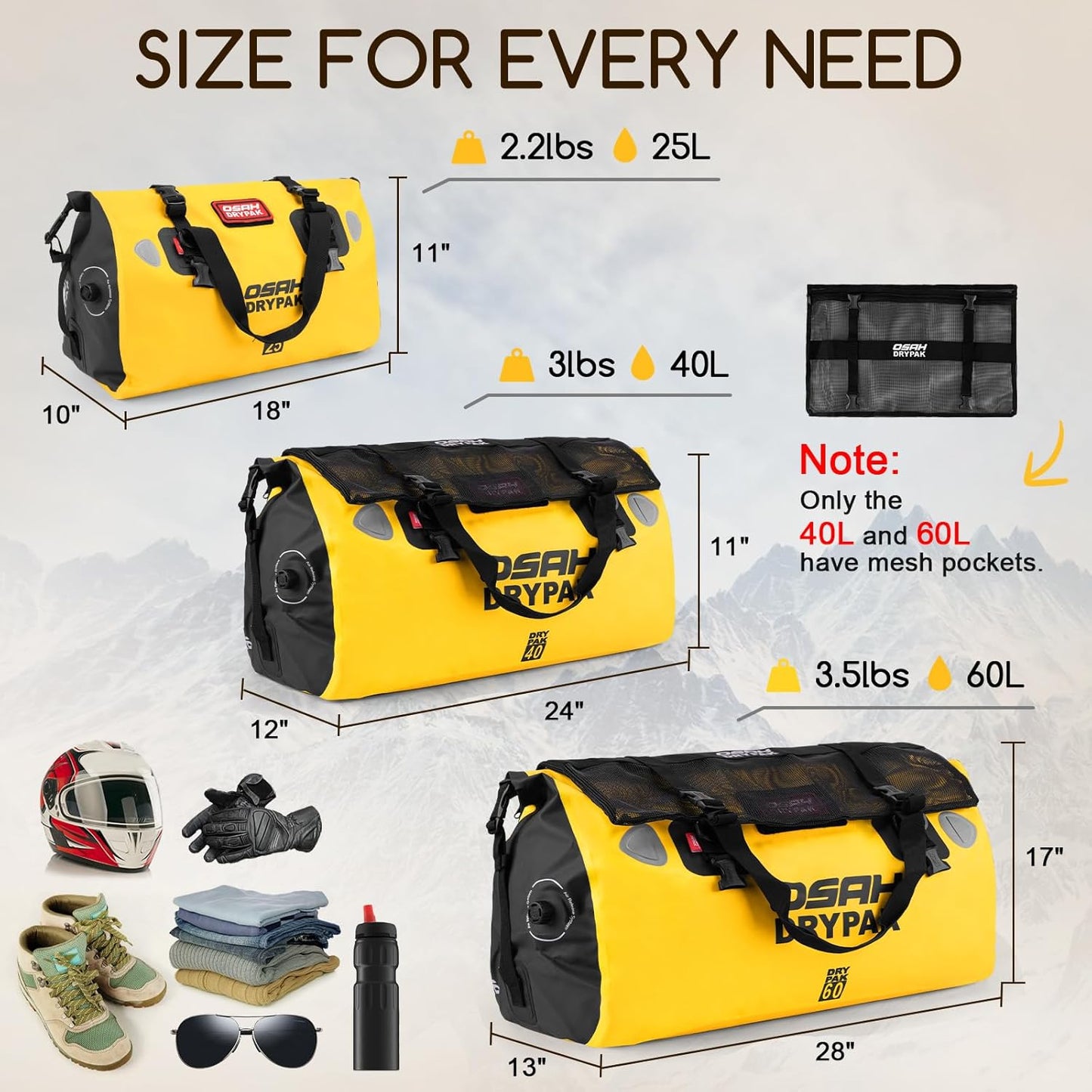 Waterproof Duffel Bag - Motorcycle Dry Bag Tail Bag with Large Storage Space, Waterproof Luggage Duffle Bags with Outer Mesh Zipper Pocket for Camping, Kayaking, Fishing & Traveling