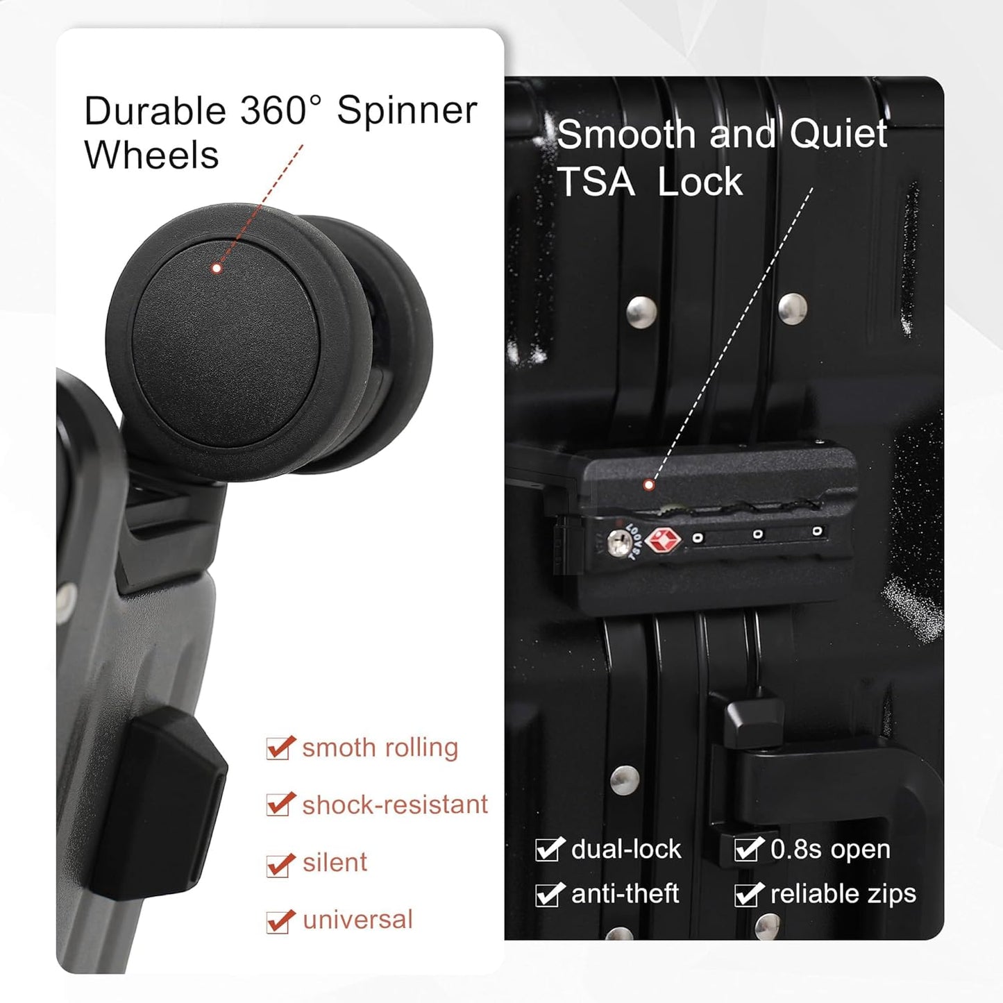 24 Inch Check-In Luggage Aluminum Frame Zipperless Luggage, Hard Shell Suitcase TSA Approved Checked Luggage, ABS+PC Lightweight Zipperless Suitcase with Spinner Wheels (Black)