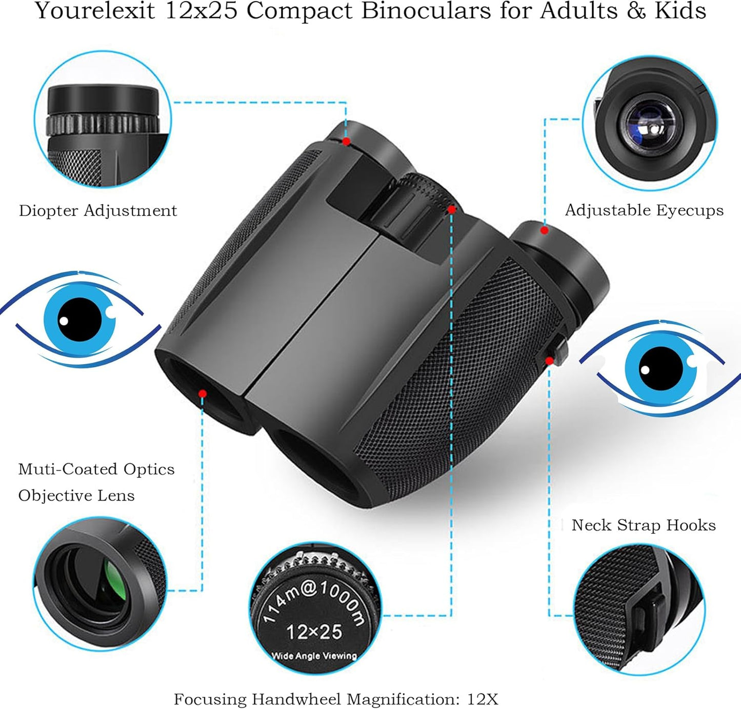 12x25 Compact Binoculars for Adults & Kids, High Powered Lightweight Waterproof Binoculars with Large Eyepiece, Low Light Vision for Bird Watching, Hunting, Travel, and Sightseeing