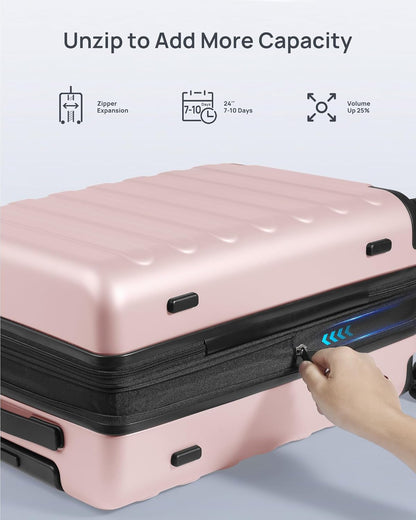 Carry on Luggage 22 X 14 X 9 Airline Approved, 20 Inch Luggage for 3-5 Days Travel, Double Spinner Wheels, 100% Hardshell PC, TSA Lock (00-Pink (Expandable), Checked 24-Inch)