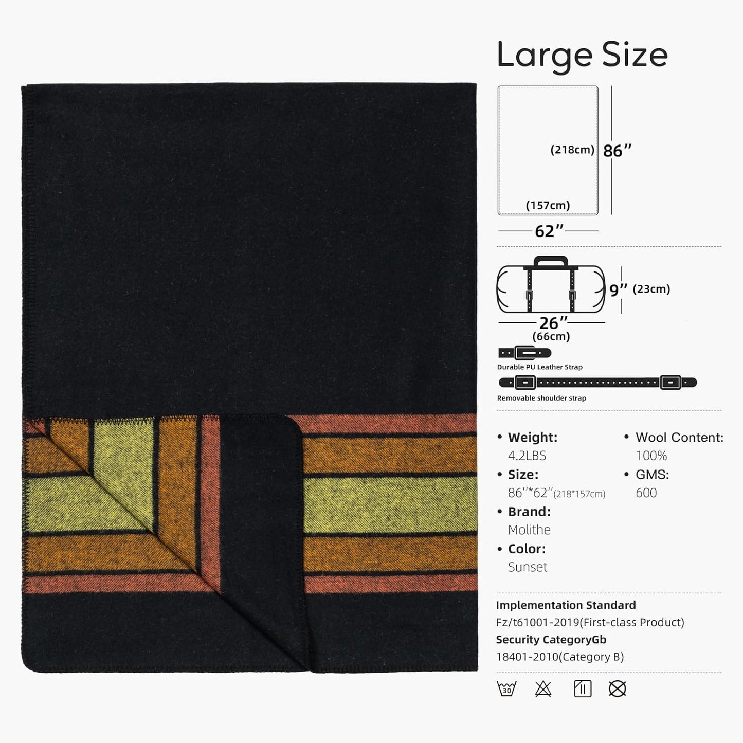 100% Wool Blanket, 62" x 86", Warm, Thick, Washable, Military Wool Blanket, Great for Camping, Outdoors, Sporting Events, Survival Kits